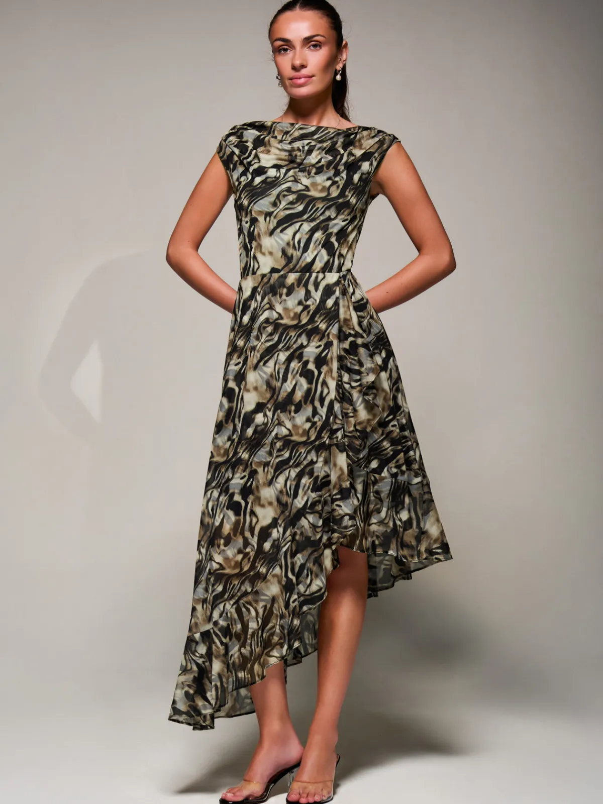 Jolie Moi Occasion Dresses|Sleeveless Dresses- Asymmetrical Draped Mesh Midaxi Dress Brown Animal