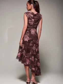 Jolie Moi Occasion Dresses|Sleeveless Dresses- Asymmetrical Draped Mesh Midaxi Dress Burgundy Abstract