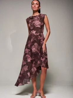 Jolie Moi Occasion Dresses|Sleeveless Dresses- Asymmetrical Draped Mesh Midaxi Dress Burgundy Abstract