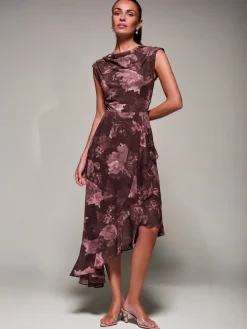 Jolie Moi Occasion Dresses|Sleeveless Dresses- Asymmetrical Draped Mesh Midaxi Dress Burgundy Abstract