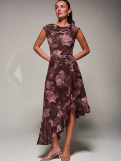 Jolie Moi Occasion Dresses|Sleeveless Dresses- Asymmetrical Draped Mesh Midaxi Dress Burgundy Abstract