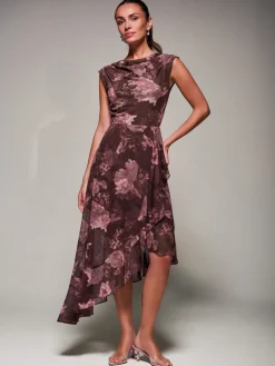 Jolie Moi Occasion Dresses|Sleeveless Dresses- Asymmetrical Draped Mesh Midaxi Dress Burgundy Abstract