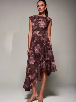 Jolie Moi Occasion Dresses|Sleeveless Dresses- Asymmetrical Draped Mesh Midaxi Dress Burgundy Abstract
