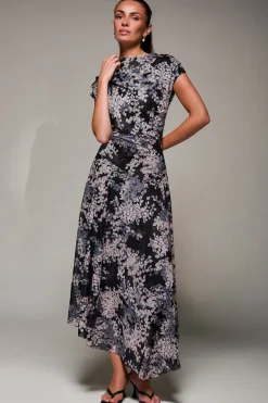 Jolie Moi Occasion Dresses|Mesh Dresses-Asymmetrical Draped Slash Neck Midaxi Dress, Black Abstract