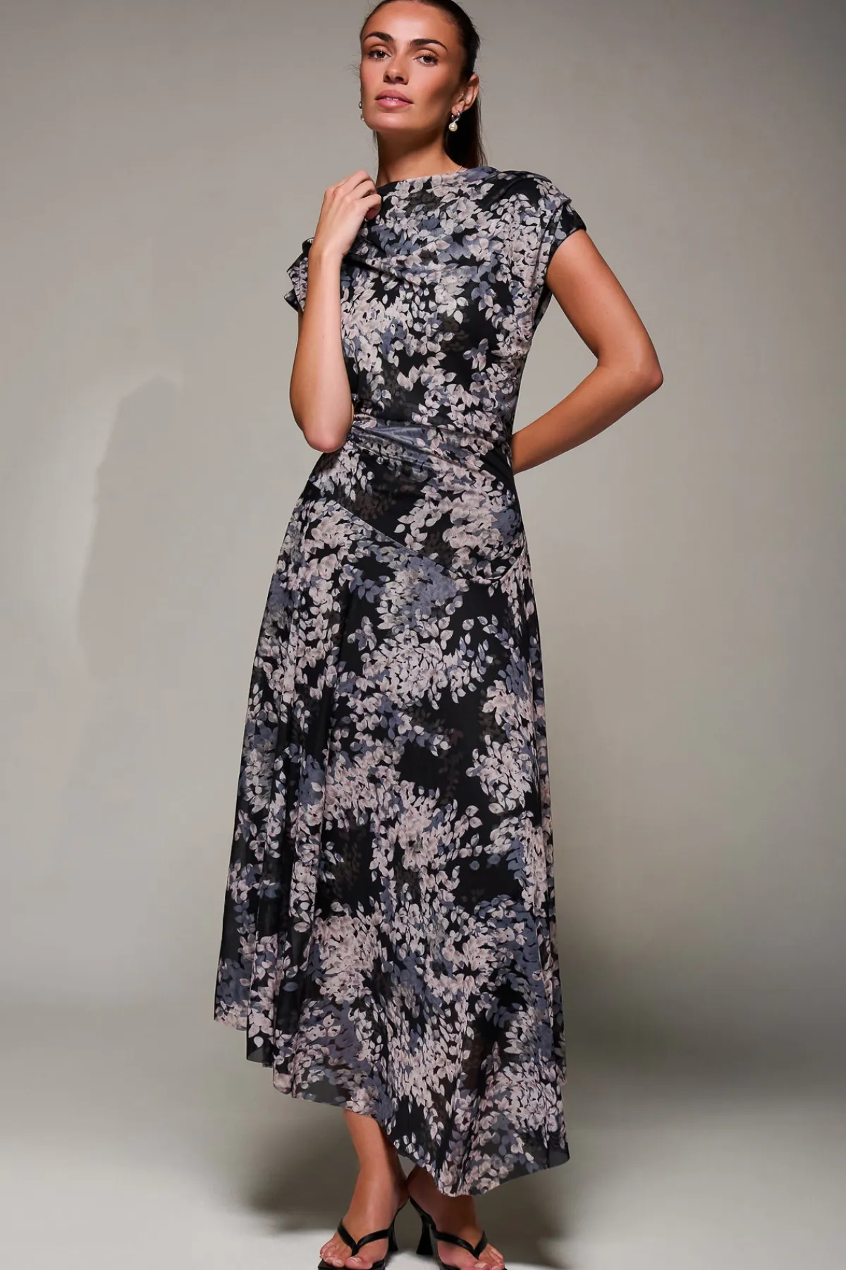 Jolie Moi Occasion Dresses|Mesh Dresses-Asymmetrical Draped Slash Neck Midaxi Dress, Black Abstract