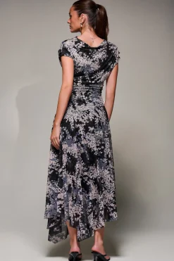 Jolie Moi Occasion Dresses|Mesh Dresses-Asymmetrical Draped Slash Neck Midaxi Dress, Black Abstract