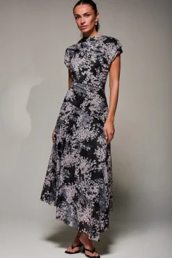 Jolie Moi Occasion Dresses|Mesh Dresses-Asymmetrical Draped Slash Neck Midaxi Dress, Black Abstract