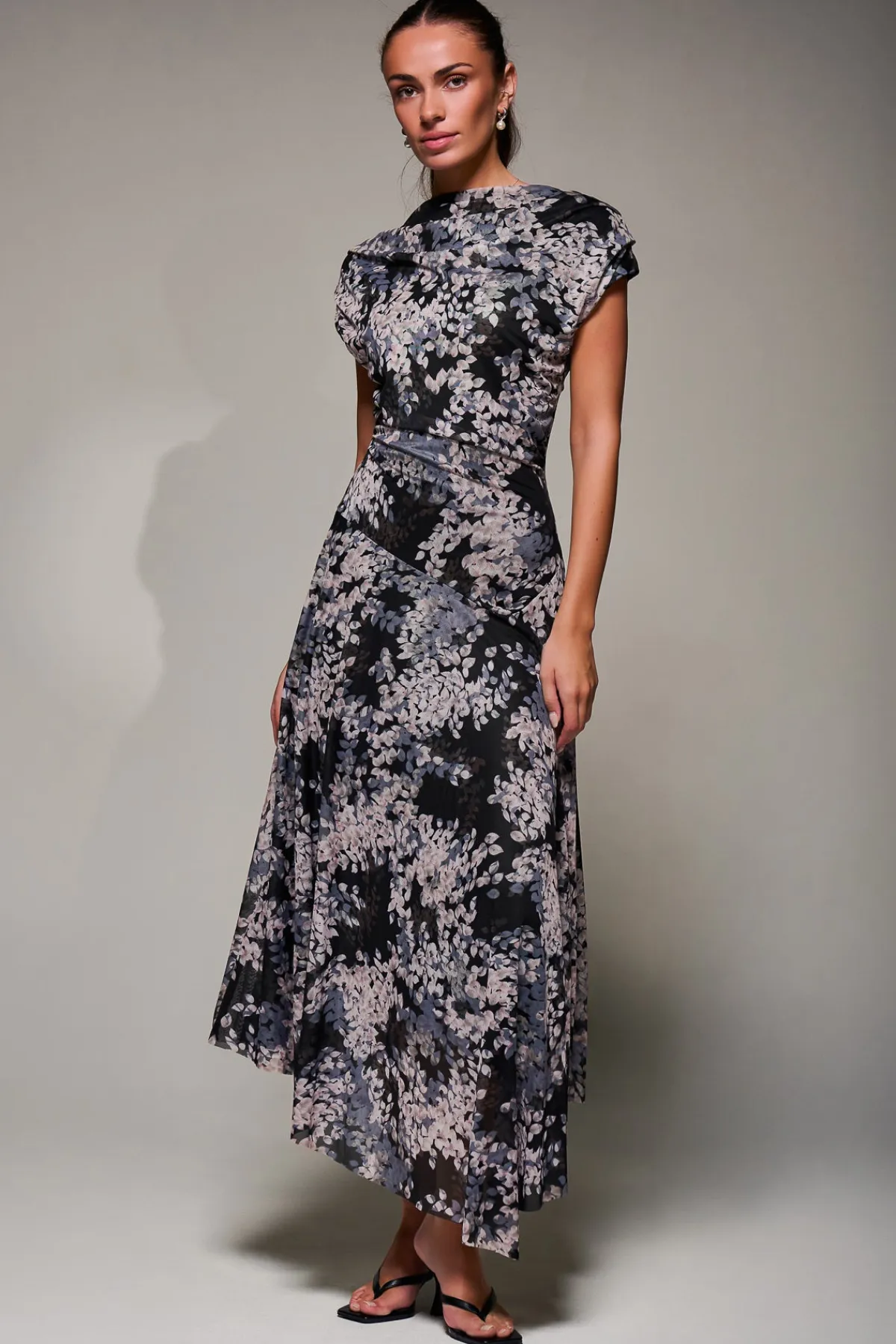 Jolie Moi Occasion Dresses|Mesh Dresses-Asymmetrical Draped Slash Neck Midaxi Dress, Black Abstract