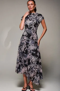 Jolie Moi Occasion Dresses|Mesh Dresses-Asymmetrical Draped Slash Neck Midaxi Dress, Black Abstract