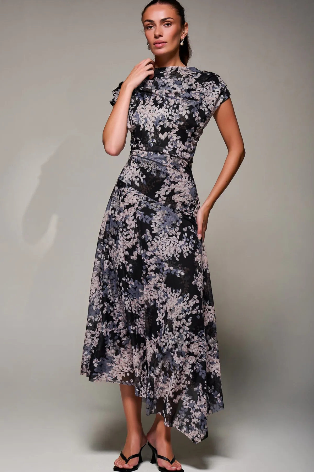 Jolie Moi Occasion Dresses|Mesh Dresses-Asymmetrical Draped Slash Neck Midaxi Dress, Black Abstract