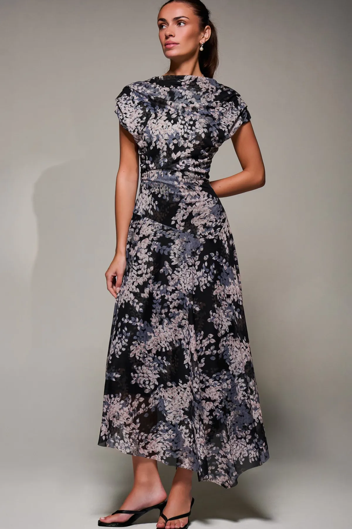 Jolie Moi Occasion Dresses|Mesh Dresses-Asymmetrical Draped Slash Neck Midaxi Dress, Black Abstract