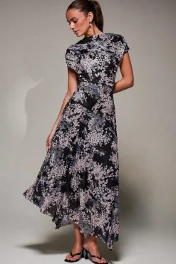 Jolie Moi Occasion Dresses|Mesh Dresses-Asymmetrical Draped Slash Neck Midaxi Dress, Black Abstract