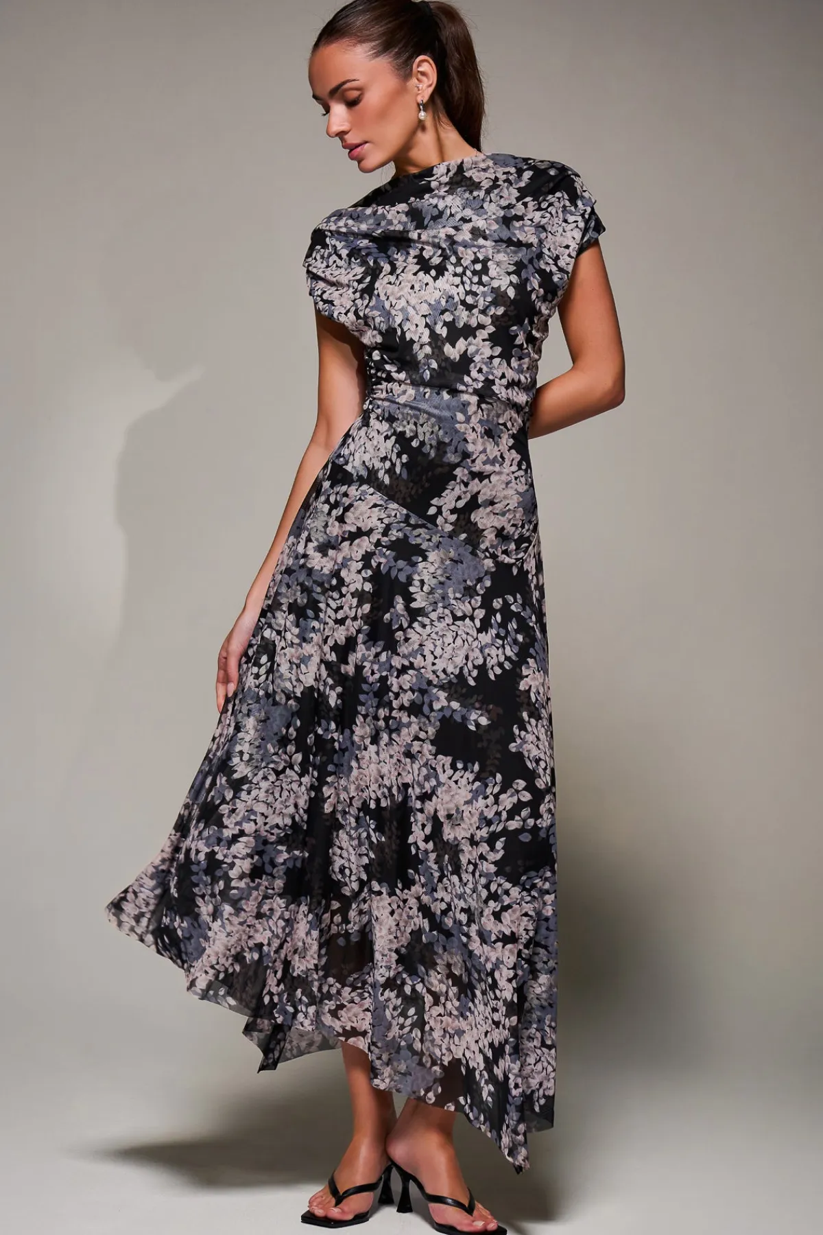 Jolie Moi Occasion Dresses|Mesh Dresses-Asymmetrical Draped Slash Neck Midaxi Dress, Black Abstract