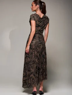 Jolie Moi Occasion Dresses|Animal Print Dresses-Asymmetrical Draped Slash Neck Midaxi Dress, Brown Animal