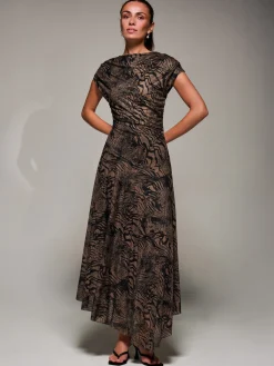 Jolie Moi Occasion Dresses|Animal Print Dresses-Asymmetrical Draped Slash Neck Midaxi Dress, Brown Animal