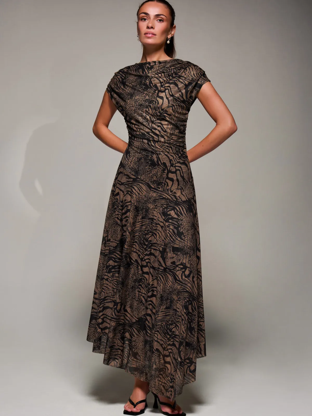 Jolie Moi Occasion Dresses|Animal Print Dresses-Asymmetrical Draped Slash Neck Midaxi Dress, Brown Animal