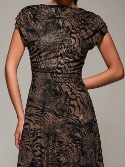 Jolie Moi Occasion Dresses|Animal Print Dresses-Asymmetrical Draped Slash Neck Midaxi Dress, Brown Animal