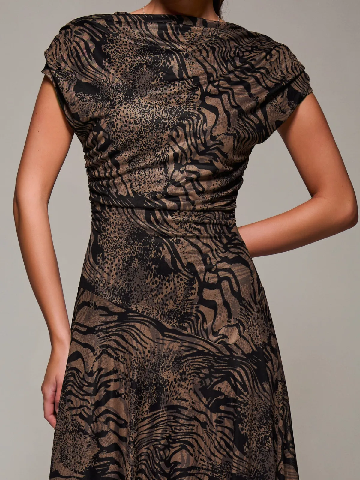 Jolie Moi Occasion Dresses|Animal Print Dresses-Asymmetrical Draped Slash Neck Midaxi Dress, Brown Animal