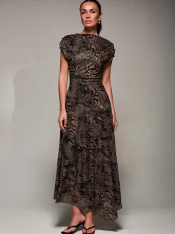 Jolie Moi Occasion Dresses|Animal Print Dresses-Asymmetrical Draped Slash Neck Midaxi Dress, Brown Animal