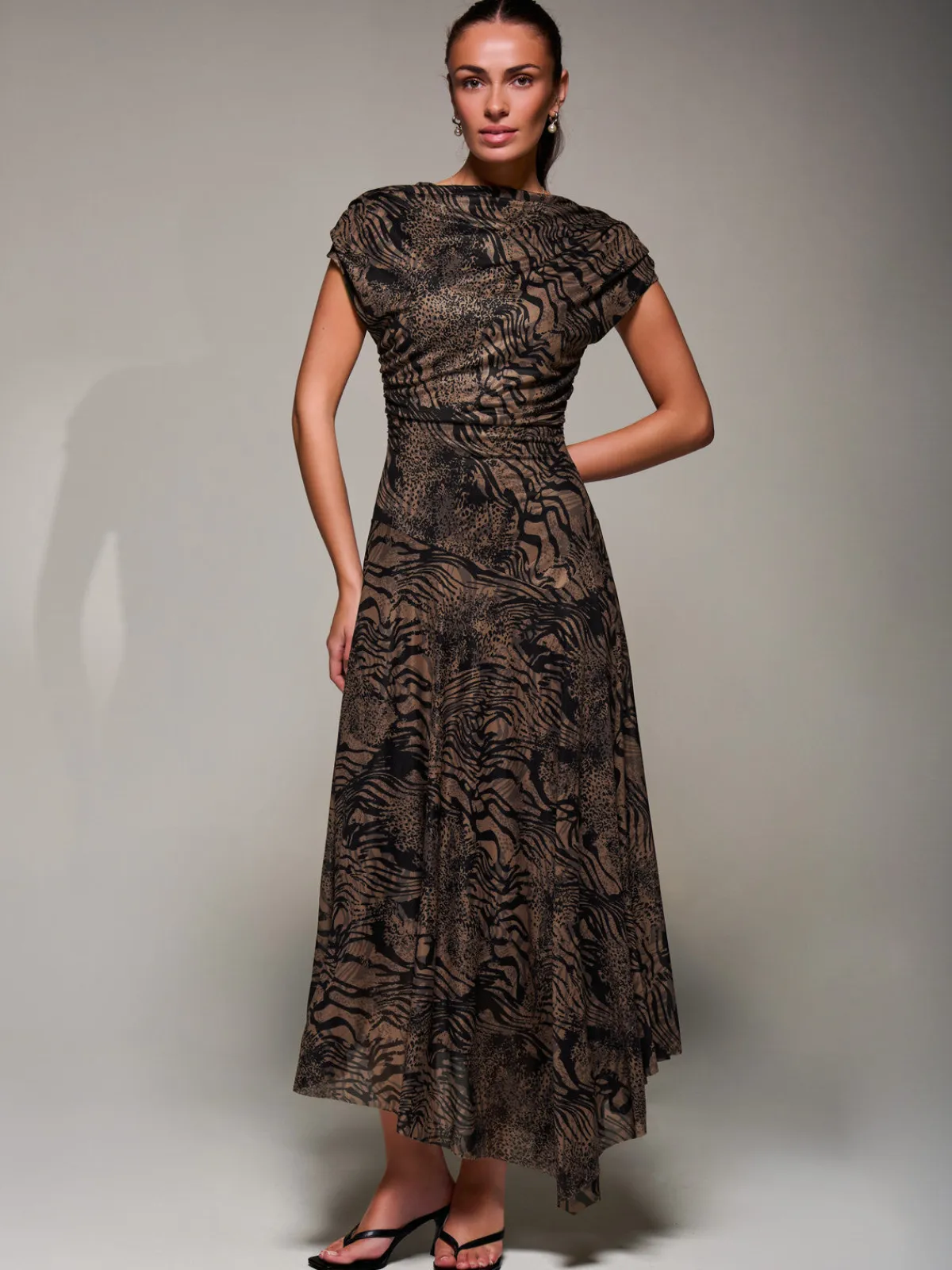 Jolie Moi Occasion Dresses|Animal Print Dresses-Asymmetrical Draped Slash Neck Midaxi Dress, Brown Animal