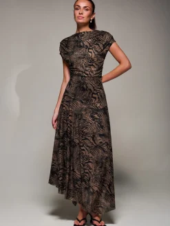 Jolie Moi Occasion Dresses|Animal Print Dresses-Asymmetrical Draped Slash Neck Midaxi Dress, Brown Animal