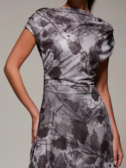 Jolie Moi Occasion Dresses|Maxi Dresses-Asymmetrical Draped Slash Neck Midaxi Dress, Grey Abstract