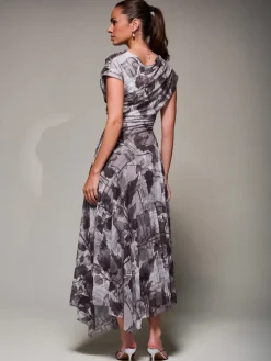 Jolie Moi Occasion Dresses|Maxi Dresses-Asymmetrical Draped Slash Neck Midaxi Dress, Grey Abstract