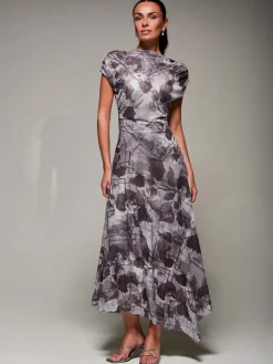 Jolie Moi Occasion Dresses|Maxi Dresses-Asymmetrical Draped Slash Neck Midaxi Dress, Grey Abstract