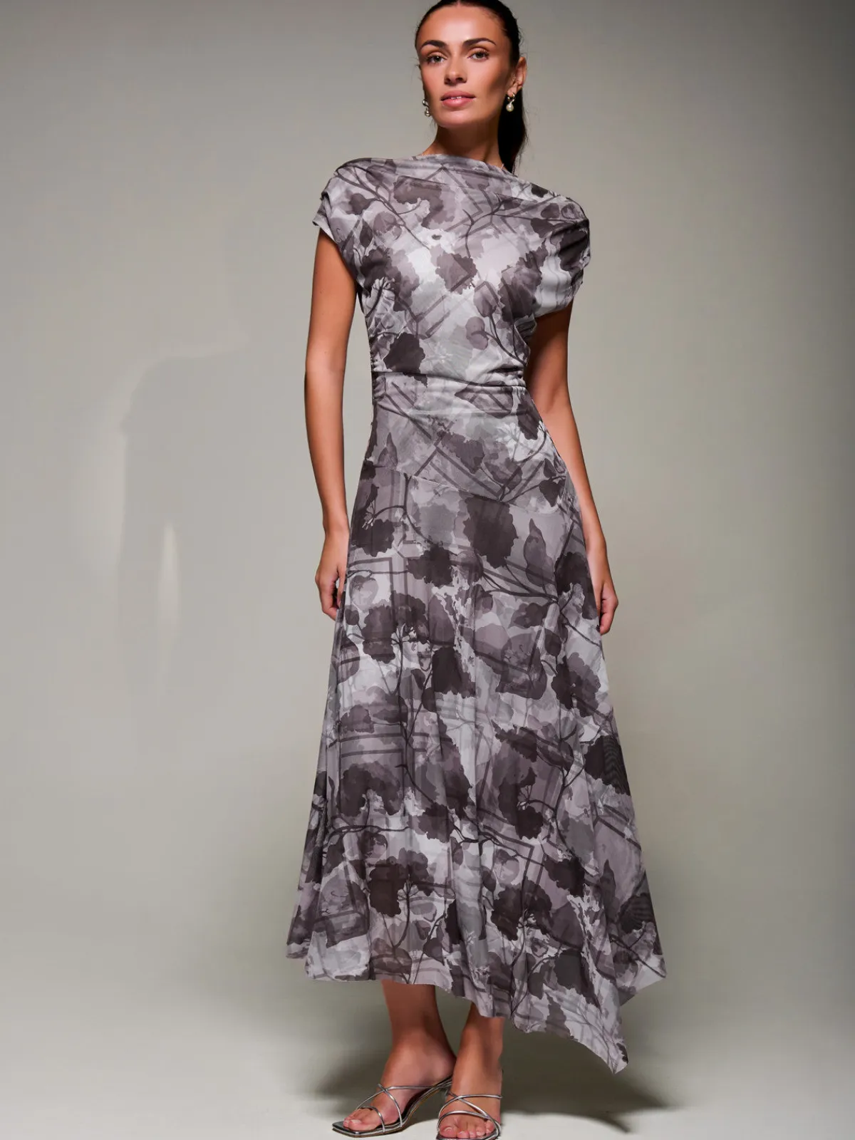 Jolie Moi Occasion Dresses|Maxi Dresses-Asymmetrical Draped Slash Neck Midaxi Dress, Grey Abstract
