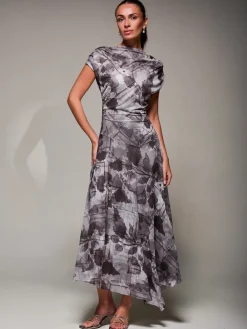 Jolie Moi Occasion Dresses|Maxi Dresses-Asymmetrical Draped Slash Neck Midaxi Dress, Grey Abstract