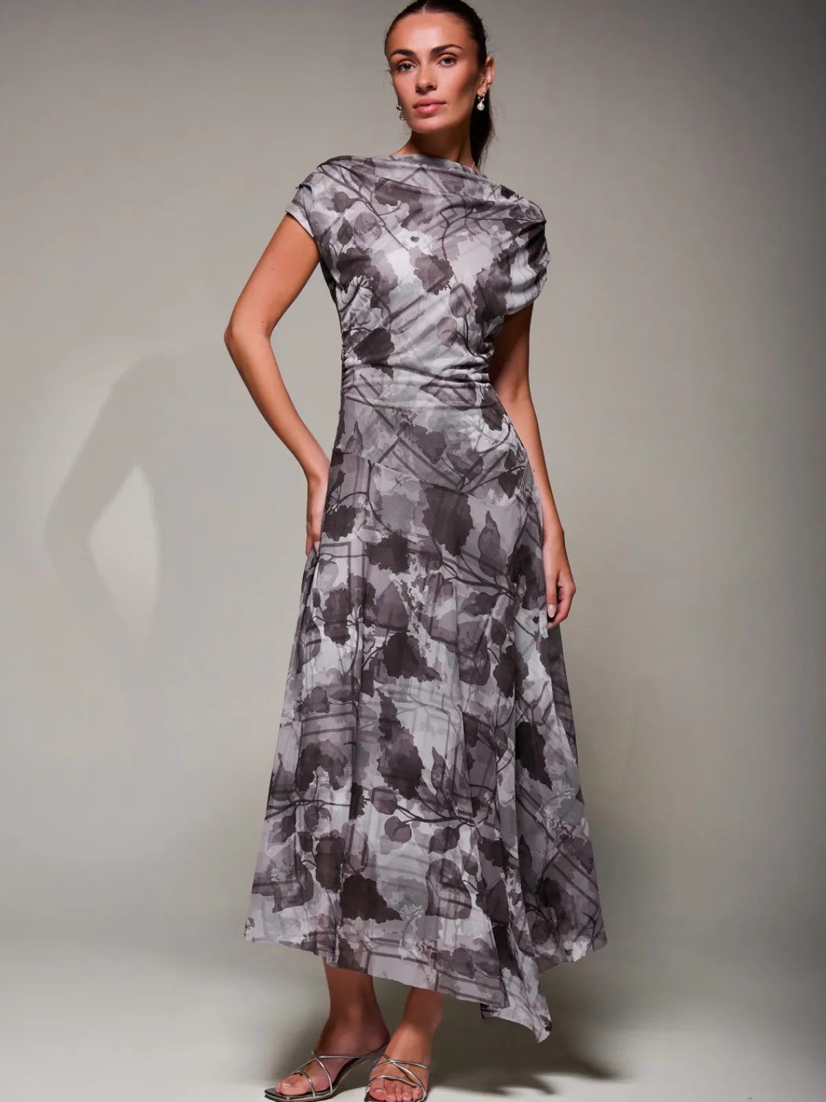 Jolie Moi Occasion Dresses|Maxi Dresses-Asymmetrical Draped Slash Neck Midaxi Dress, Grey Abstract