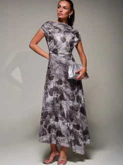 Jolie Moi Occasion Dresses|Maxi Dresses-Asymmetrical Draped Slash Neck Midaxi Dress, Grey Abstract