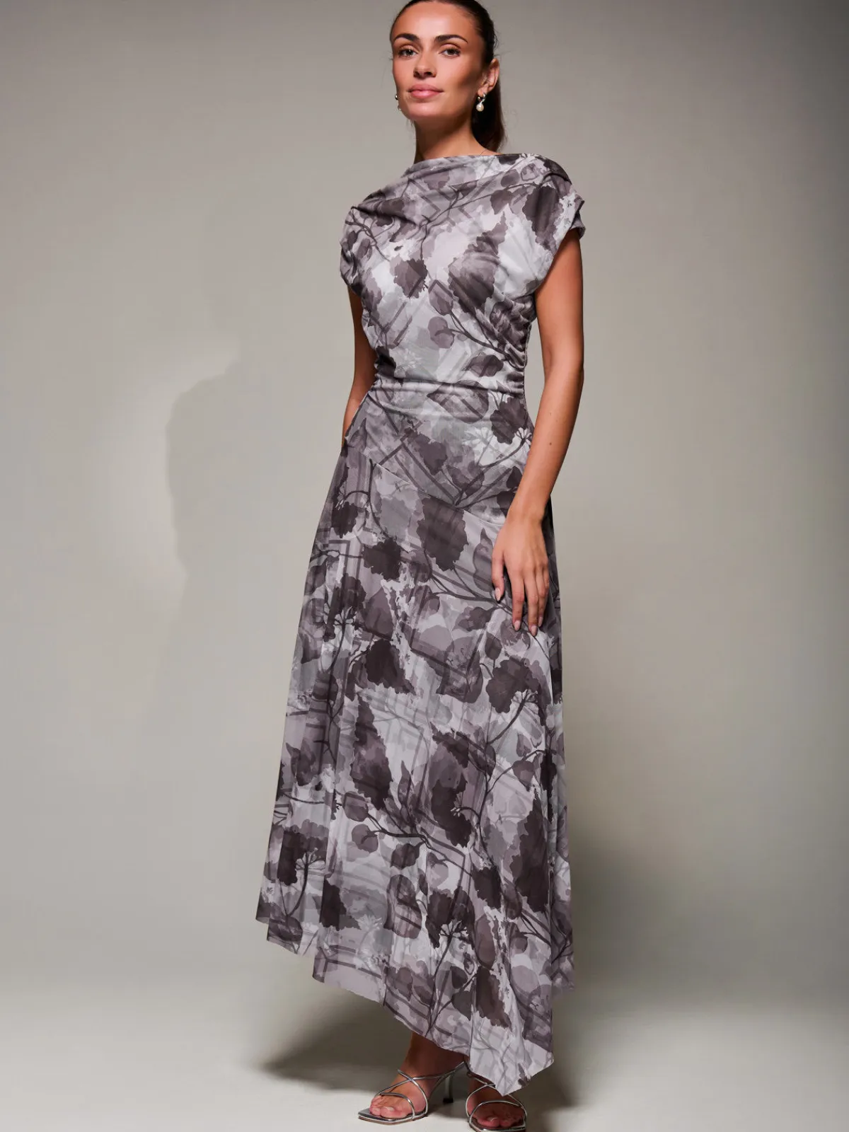 Jolie Moi Occasion Dresses|Maxi Dresses-Asymmetrical Draped Slash Neck Midaxi Dress, Grey Abstract