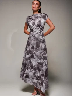Jolie Moi Occasion Dresses|Maxi Dresses-Asymmetrical Draped Slash Neck Midaxi Dress, Grey Abstract