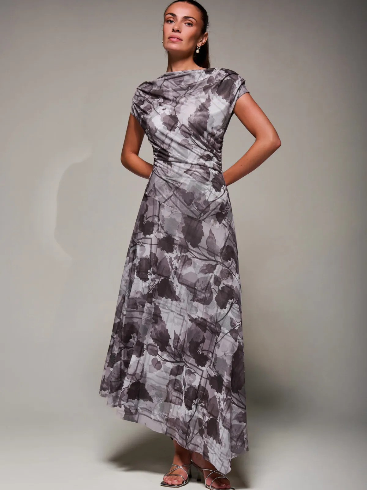 Jolie Moi Occasion Dresses|Maxi Dresses-Asymmetrical Draped Slash Neck Midaxi Dress, Grey Abstract