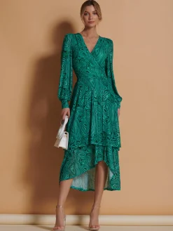 Jolie Moi Occasion Dresses|Midi Dresses-Asymmetrical Hem Mesh Midi Dress, Green Abstract