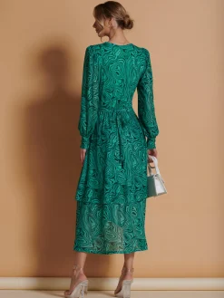 Jolie Moi Occasion Dresses|Midi Dresses-Asymmetrical Hem Mesh Midi Dress, Green Abstract