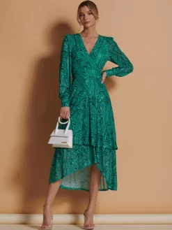 Jolie Moi Occasion Dresses|Midi Dresses-Asymmetrical Hem Mesh Midi Dress, Green Abstract