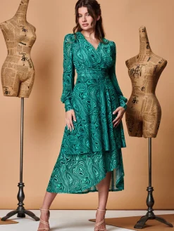 Jolie Moi Occasion Dresses|Midi Dresses-Asymmetrical Hem Mesh Midi Dress, Green Abstract