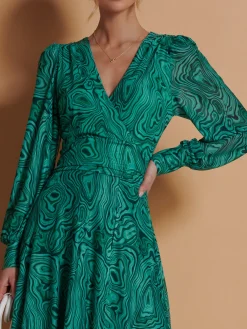 Jolie Moi Occasion Dresses|Midi Dresses-Asymmetrical Hem Mesh Midi Dress, Green Abstract