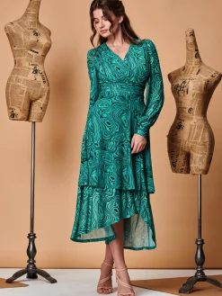Jolie Moi Occasion Dresses|Midi Dresses-Asymmetrical Hem Mesh Midi Dress, Green Abstract