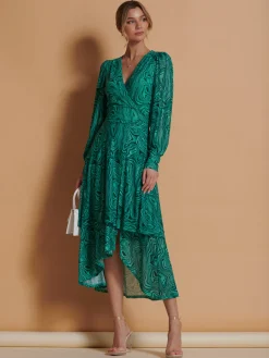 Jolie Moi Occasion Dresses|Midi Dresses-Asymmetrical Hem Mesh Midi Dress, Green Abstract