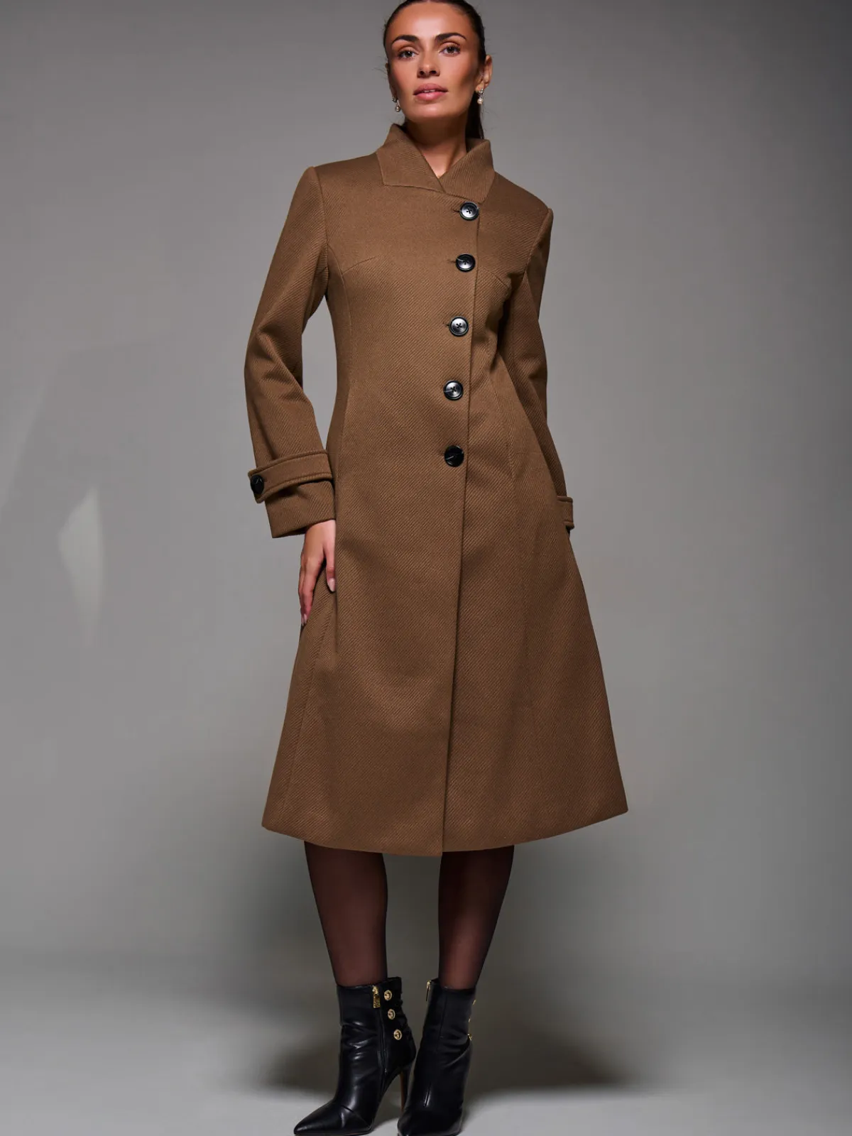 Jolie Moi Weekend Casuals-Asymmetric Button Detail Fit & Flare Coat, Brown