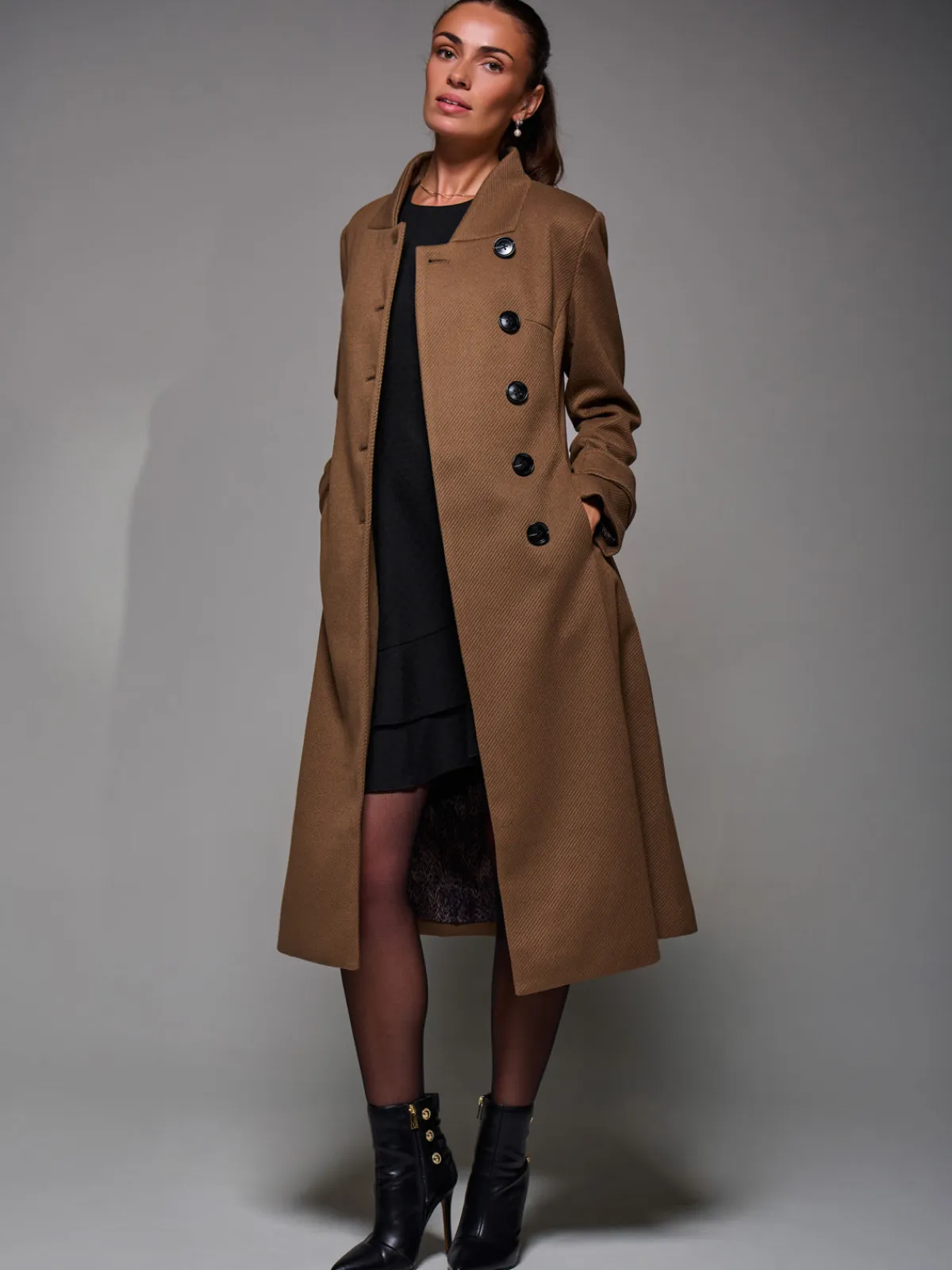 Jolie Moi Weekend Casuals-Asymmetric Button Detail Fit & Flare Coat, Brown