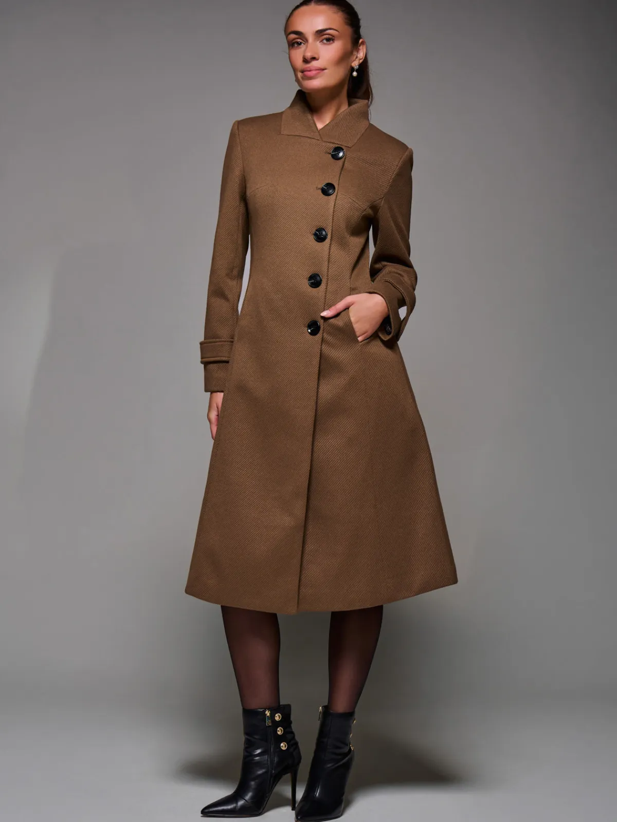 Jolie Moi Weekend Casuals-Asymmetric Button Detail Fit & Flare Coat, Brown