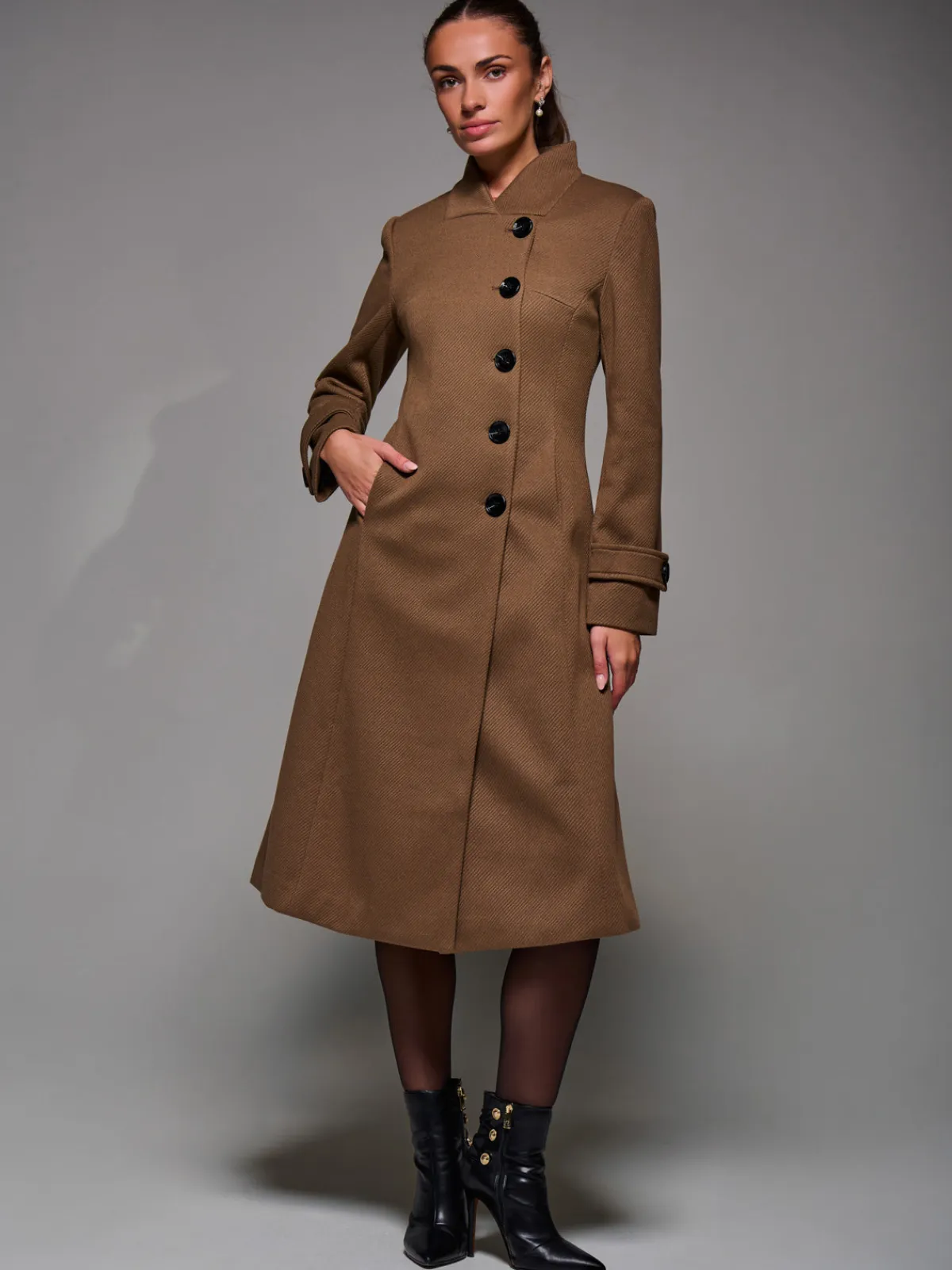 Jolie Moi Weekend Casuals-Asymmetric Button Detail Fit & Flare Coat, Brown