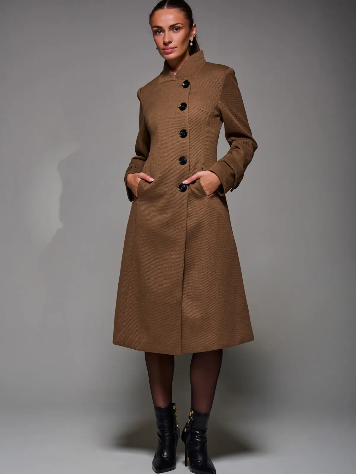 Jolie Moi Weekend Casuals-Asymmetric Button Detail Fit & Flare Coat, Brown