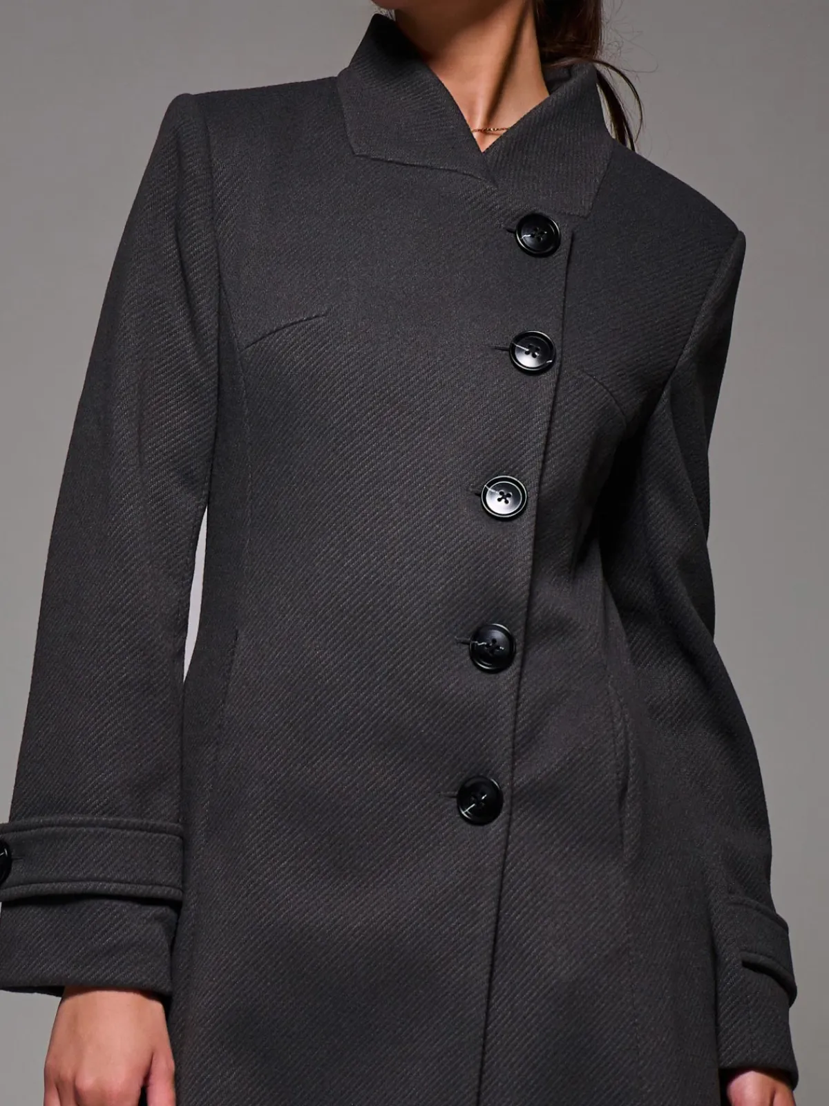 Jolie Moi Weekend Casuals-Asymmetric Button Detail Fit & Flare Coat, Dark Grey