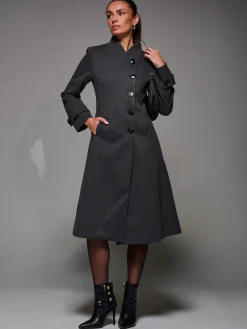 Jolie Moi Weekend Casuals-Asymmetric Button Detail Fit & Flare Coat, Dark Grey