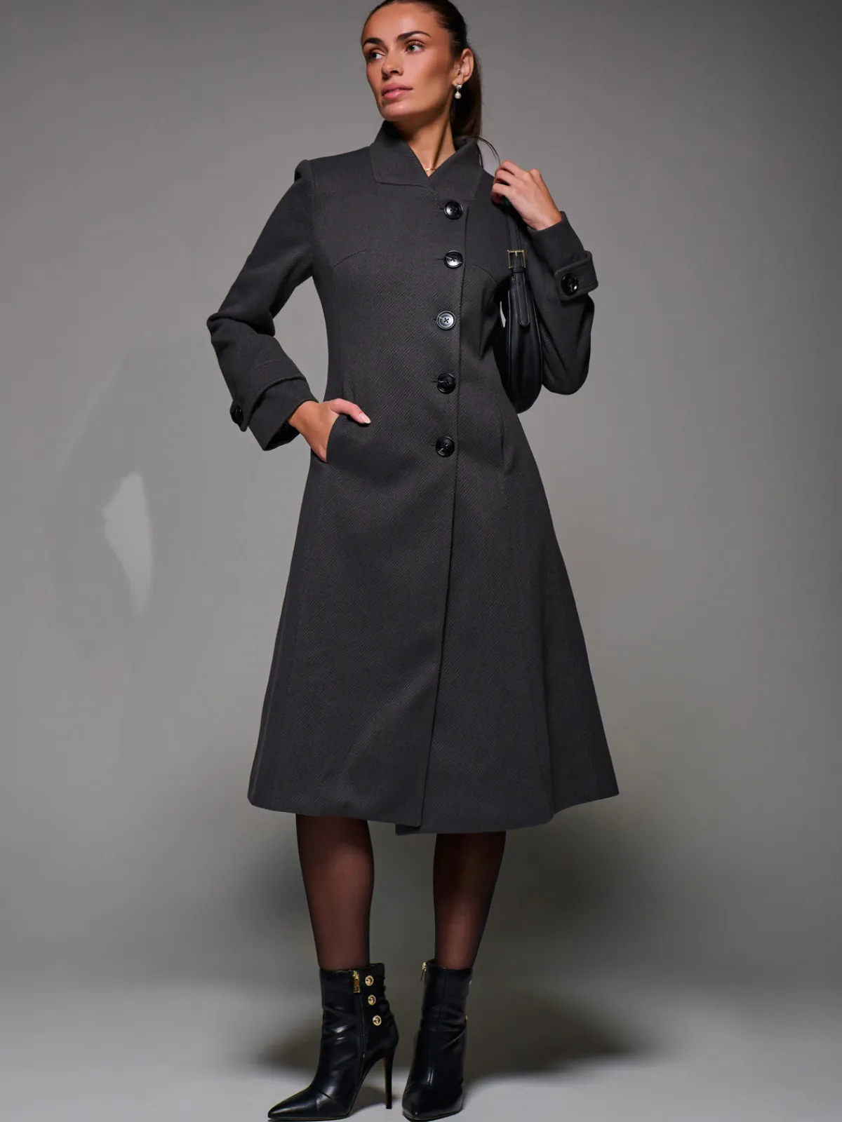 Jolie Moi Weekend Casuals-Asymmetric Button Detail Fit & Flare Coat, Dark Grey